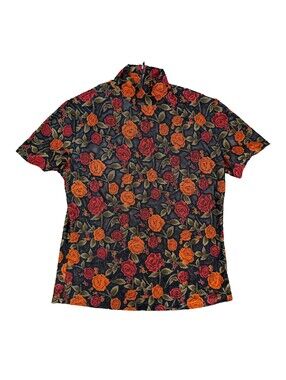 Vintage Susan Lawrence Sheer Mesh Rose Floral Mock Neck Top Womens Medium USA